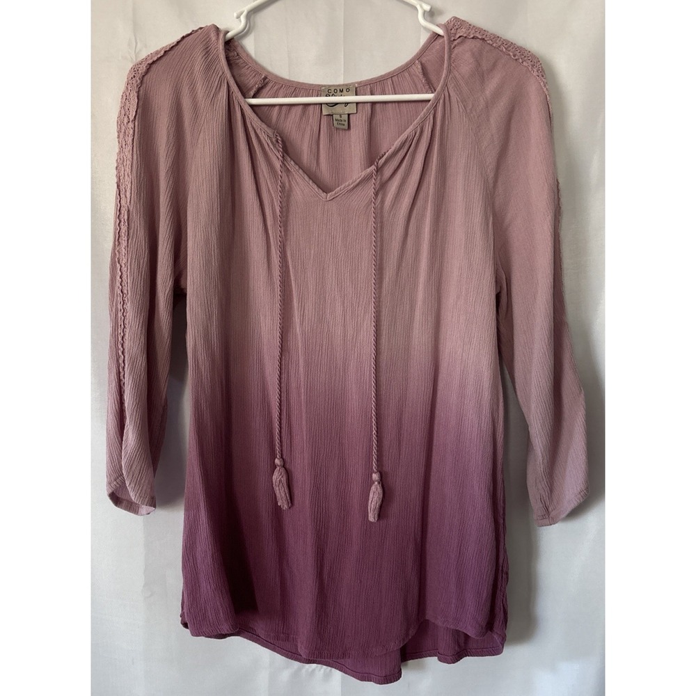 Como Vintage Women's Lavender Ombre 3/4 Sleeve‎ Pullover Boho Top Tassels Size S